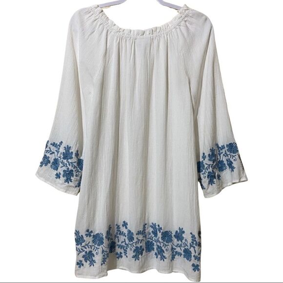 J. Jill White w/ Blue Floral Embroidery Crinkle Boho Tunic - Picture 3 of 7